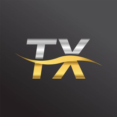 İlk harf logosu TX şirketinin adı altın ve gümüş rengi Swoosh tasarımı. İş ve şirket kimliği için vektör logosu.