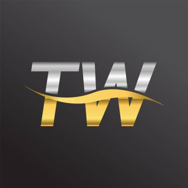 İlk harf, TW şirketi. Altın ve gümüş rengi Swoosh tasarımı. İş ve şirket kimliği için vektör logosu.