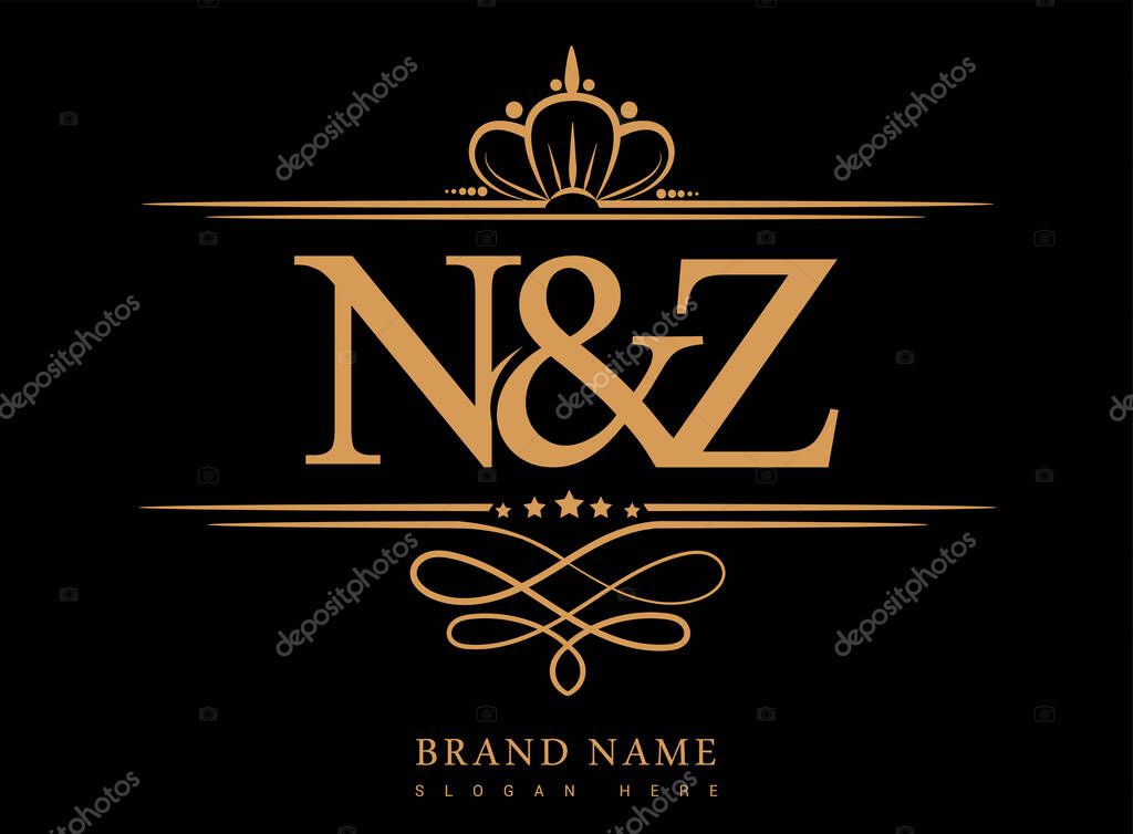 NZ Initial logo, Ampersand initial logo gold with crown and classic pattern.