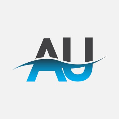 İlk harf AU AU şirketi adı mavi ve gri renkli Swoosh tasarımı. İş ve şirket kimliği için vektör logosu.
