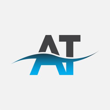 İlk harf amblemi AT şirketinin adı mavi ve gri renk desenli. İş ve şirket kimliği için vektör logosu.
