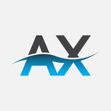 İlk harf AX şirketi adı mavi ve gri renkli Swoosh tasarımı. İş ve şirket kimliği için vektör logosu.