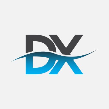 İlk harf logosu DX şirketinin adı mavi ve gri renk desenli. İş ve şirket kimliği için vektör logosu.
