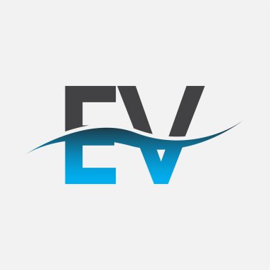 İlk harf logosu EV şirketinin adı mavi ve gri renk desenli. İş ve şirket kimliği için vektör logosu.