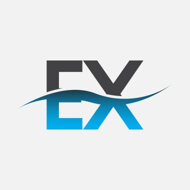 İlk harf logosu EX şirketi adı mavi ve gri renk desenli. İş ve şirket kimliği için vektör logosu.