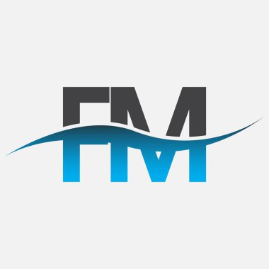 İlk harf logosu FM şirketinin adı Mavi ve Gri renkli Swoosh tasarımı. İş ve şirket kimliği için vektör logosu.