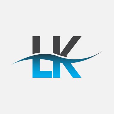 İlk harf LK şirketi adı mavi ve gri renk swoosh tasarımı. İş ve şirket kimliği için vektör logosu.