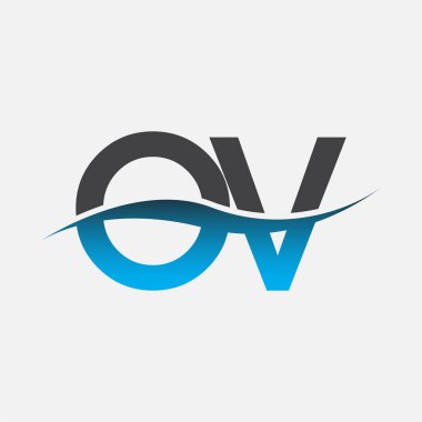 İlk harf logosu OV şirketi adı mavi ve gri renkli Swoosh tasarımı. İş ve şirket kimliği için vektör logosu.