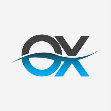 İlk harf logosu OX şirketi adı mavi ve gri renkli Swoosh tasarımı. İş ve şirket kimliği için vektör logosu.