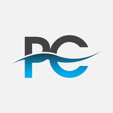 İlk harf logosu PC şirketinin adı Mavi ve Gri renkli Swoosh tasarımı. İş ve şirket kimliği için vektör logosu.