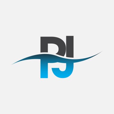 İlk harf logosu PJ şirketinin adı Mavi ve Gri renkli Swoosh tasarımı. İş ve şirket kimliği için vektör logosu.