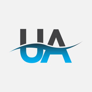 İlk harf logosu UA şirketinin adı Mavi ve Gri renkli Swoosh tasarımı. İş ve şirket kimliği için vektör logosu.