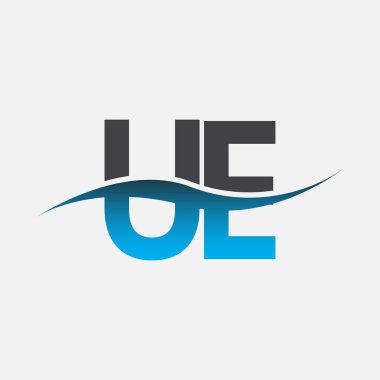 İlk harf logosu UE şirketi adı mavi ve gri renk swoosh tasarımı. İş ve şirket kimliği için vektör logosu.