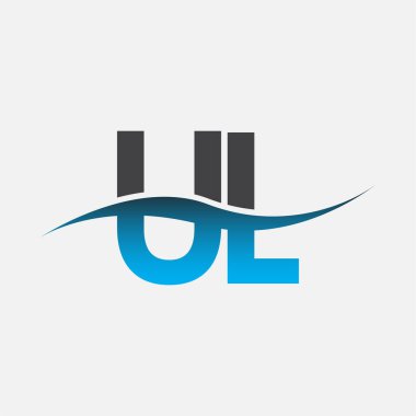 İlk harf UL logosu. Mavi ve gri renkli Swoosh tasarımı. İş ve şirket kimliği için vektör logosu.