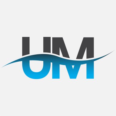 İlk harf logosu UM şirketinin adı mavi ve gri renkli Swoosh tasarımı. İş ve şirket kimliği için vektör logosu.