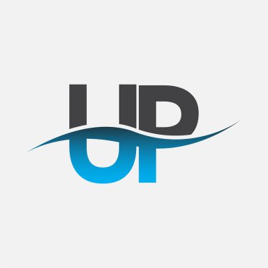 İlk harf UP şirket adı mavi ve gri renk swoosh tasarımı. İş ve şirket kimliği için vektör logosu.