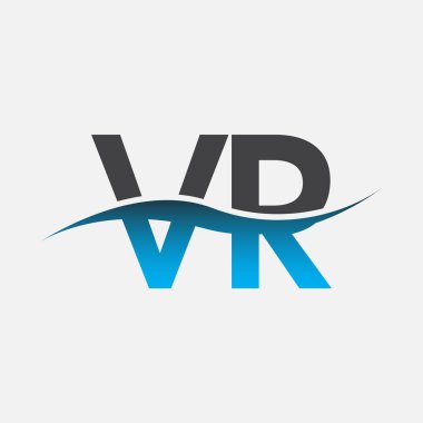 İlk harf logo VR şirketi adı mavi ve gri renk swoosh tasarımı. İş ve şirket kimliği için vektör logosu.