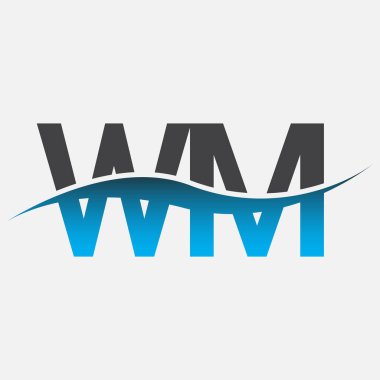 İlk harf logosu WM şirketinin adı mavi ve gri renk desenli. İş ve şirket kimliği için vektör logosu.