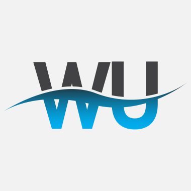 İlk harf logosu WU şirketinin adı mavi ve gri renk desenli. İş ve şirket kimliği için vektör logosu.