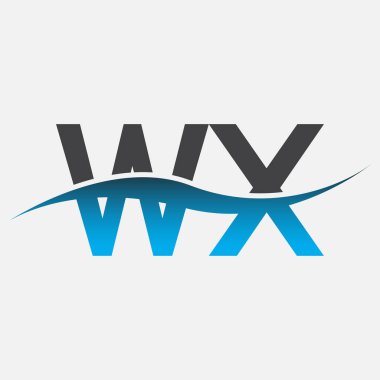 İlk harf logosu WX şirketinin adı mavi ve gri renk desenli. İş ve şirket kimliği için vektör logosu.