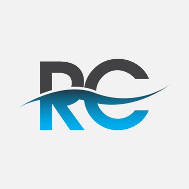 İlk harf RC şirketi adı mavi ve gri renk swoosh tasarımı. İş ve şirket kimliği için vektör logosu.