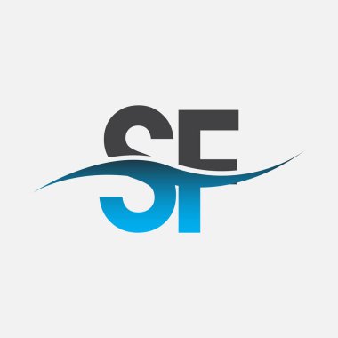 İlk harf logosu SF şirketinin adı mavi ve gri renkli swoosh tasarımı. İş ve şirket kimliği için vektör logosu.