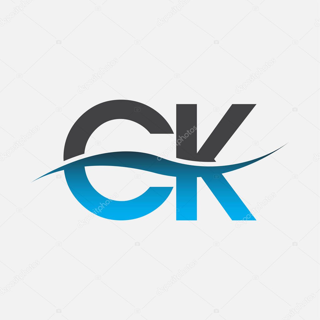 initial letter logo CK company name blue and grey color swoosh design. vector logotype for business and company identity.