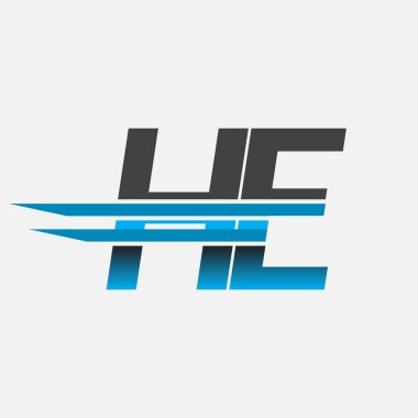 İlk logo HE şirketi adı siyah-mavi, basit ve modern logo tasarımı.