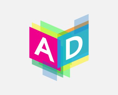 Renkli geometrik şekilli AD harfi logosu, yaratıcı endüstri, web, iş ve şirket için harf kombinasyonu tasarımı.