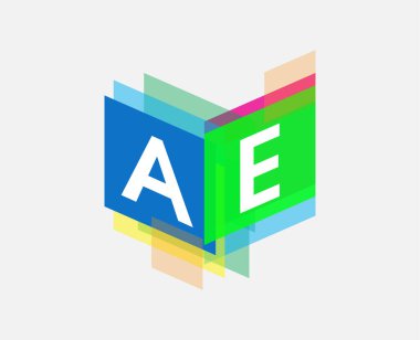 Renkli geometrik şekilli harf AE logosu, yaratıcı endüstri, web, iş ve şirket için harf kombinasyonu tasarımı.