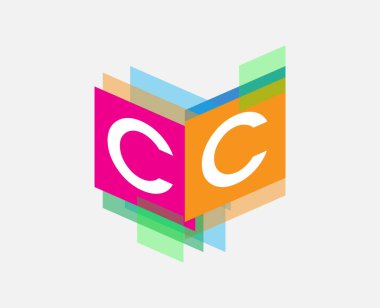 Renkli geometrik şekilli CC logosu, yaratıcı endüstri, web, iş ve şirket için harf kombinasyonu tasarımı.