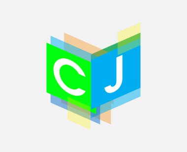 Renkli geometrik şekilli CJ logosu, yaratıcı endüstri, web, iş ve şirket için harf kombinasyonu tasarımı.