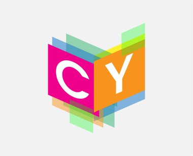 Renkli geometrik şekilli CY logosu, yaratıcı endüstri, web, iş ve şirket için harf kombinasyonu tasarımı.