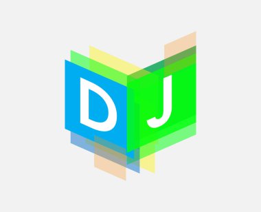 Renkli geometrik şekilli DJ logosu, yaratıcı endüstri, web, iş ve şirket için harf kombinasyonu tasarımı.