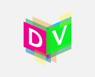Renkli geometrik şekilli DV logosu, yaratıcı endüstri, web, iş ve şirket için harf kombinasyonu tasarımı.