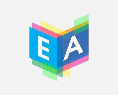 Renkli geometrik şekilli EA logosu, yaratıcı endüstri, web, iş ve şirket için harf kombinasyonu tasarımı.