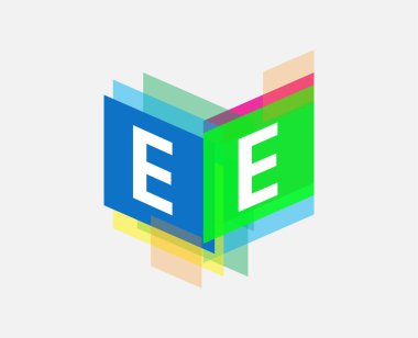 Renkli geometrik şekilli EE logosu, yaratıcı endüstri, web, iş ve şirket için harf kombinasyonu tasarımı.