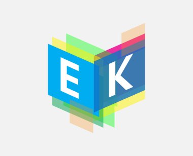 Renkli geometrik şekilli EK logosu, yaratıcı endüstri, web, iş ve şirket için harf kombinasyonu tasarımı.