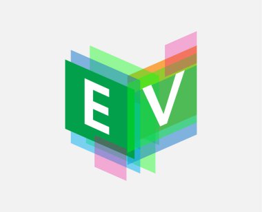 Renkli geometrik şekilli EV logosu, yaratıcı endüstri, web, iş ve şirket için harf kombinasyonlu logo tasarımı.