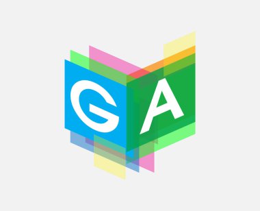 Renkli geometrik şekilli GA logosu, yaratıcı endüstri, web, iş ve şirket için harf kombinasyonu tasarımı.
