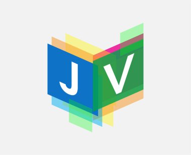 Renkli geometrik şekilli JV logosu, yaratıcı endüstri, web, iş ve şirket için harf kombinasyonu tasarımı.