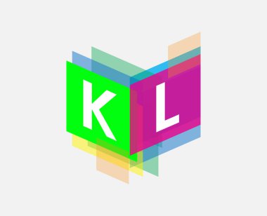 Renkli geometrik şekilli KL logosu, yaratıcı endüstri, web, iş ve şirket için harf kombinasyonu tasarımı.