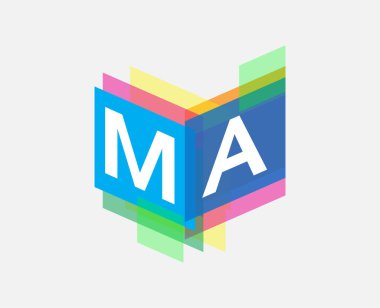 Renkli geometrik şekilli MA harfi logosu, yaratıcı endüstri, web, iş ve şirket için harf kombinasyonu tasarımı.