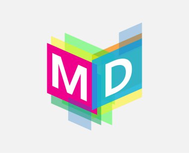Renkli geometrik şekilli MD logosu, yaratıcı endüstri, web, iş ve şirket için harf birleşimi logosu tasarımı.