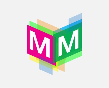 Renkli geometrik şekilli MM logosu, yaratıcı endüstri, web, iş ve şirket için harf kombinasyonu tasarımı.