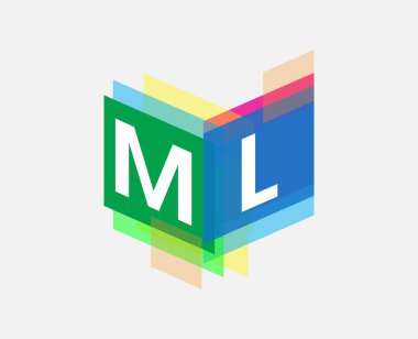 Renkli geometrik şekilli ML logosu, yaratıcı endüstri, web, iş ve şirket için harf kombinasyonu tasarımı.