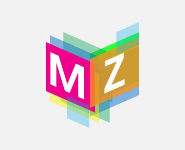 Renkli geometrik şekilli MZ logosu, yaratıcı endüstri, web, iş ve şirket için harf kombinasyonu tasarımı.