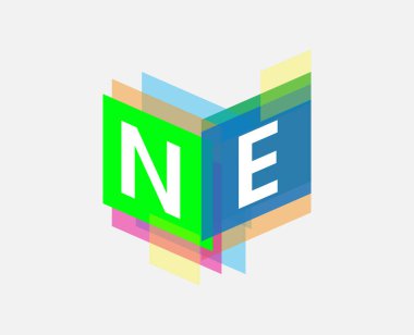 Renkli geometrik şekilli NE harfi logosu, yaratıcı endüstri, web, iş ve şirket için harf kombinasyonu tasarımı.
