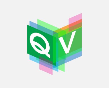 Renkli geometrik şekilli QV logosu, yaratıcı endüstri, web, iş ve şirket için harf kombinasyonu tasarımı.
