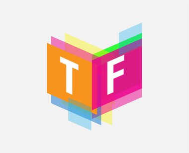 Renkli geometrik şekilli TF logosu, yaratıcı endüstri, web, iş ve şirket için harf kombinasyonu tasarımı.